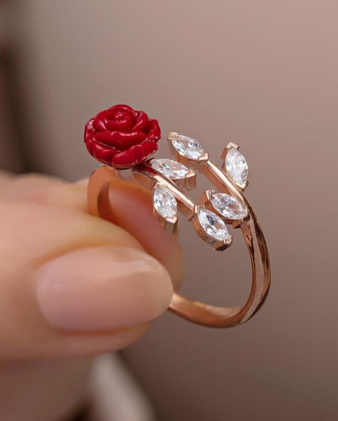 Floral Rose Vine Adjustable Ring | Rose Gold Plated Zircon Accent Design (NRZ999023)