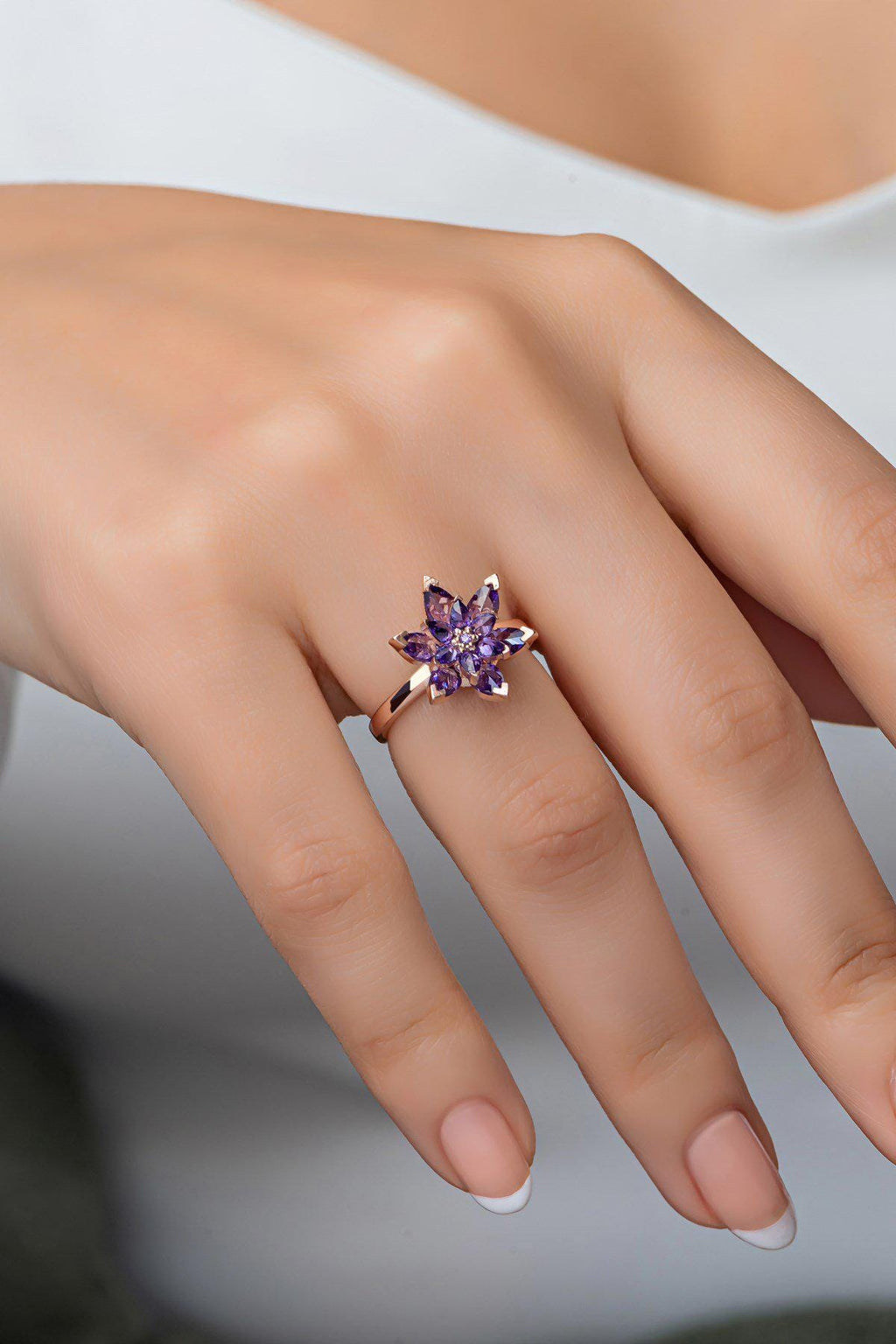 Adjustable Purple Lotus Flower Ring | Rose Gold Plated Zircon Spiritual Design (NRZ998885)