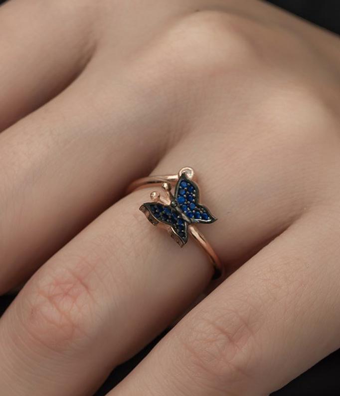Adjustable Blue Butterfly Ring | Rose Gold Plated Zircon Design (TRDYL995)