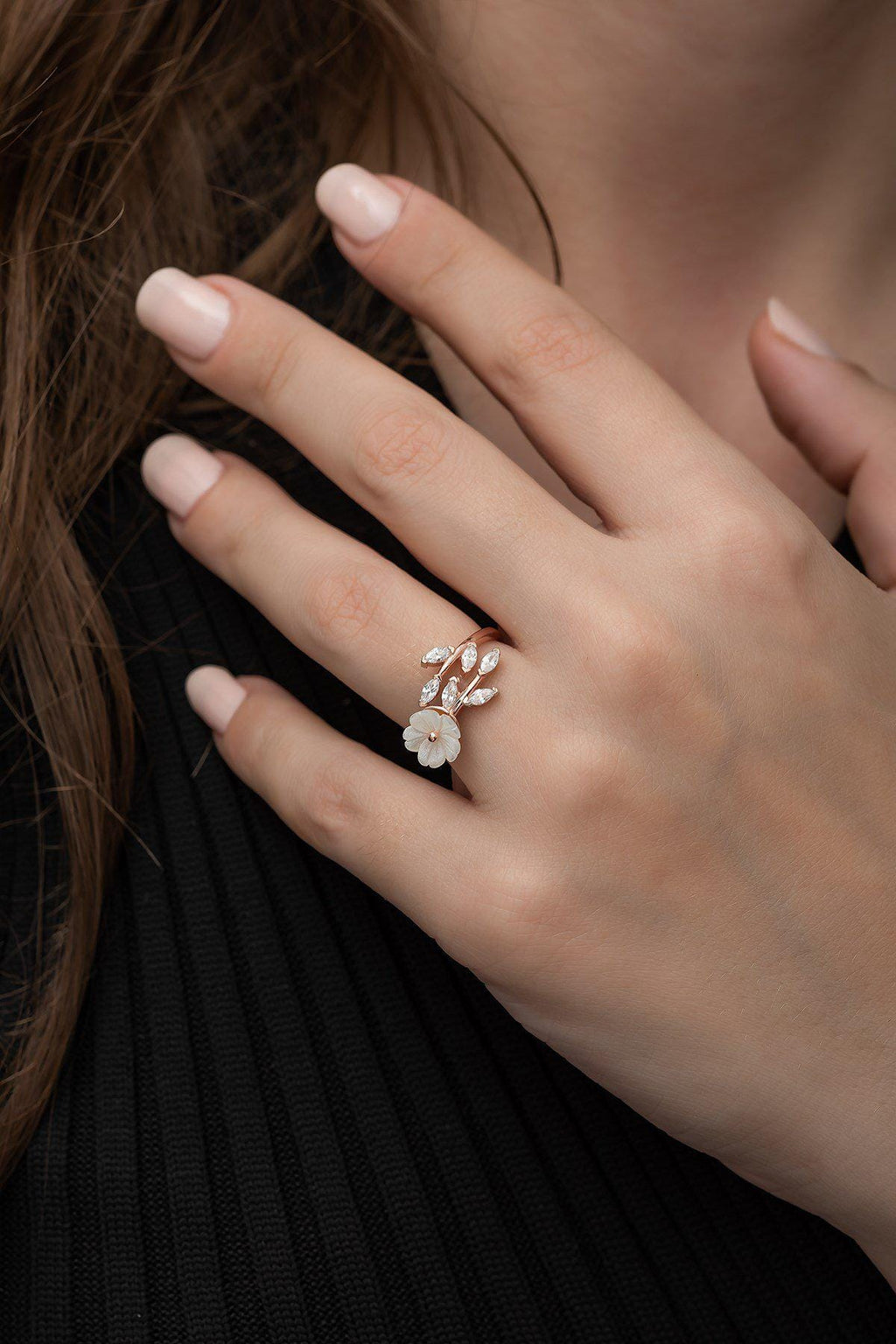 Adjustable Magnolia Flower Ring | Rose Gold Plated Zircon Floral Design (TRDYL1008)