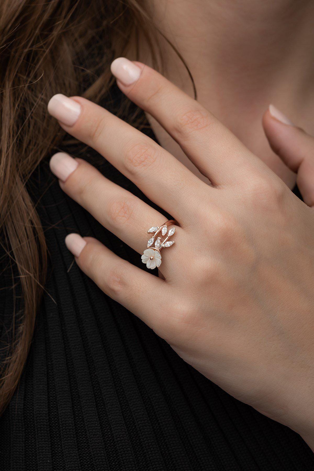 Adjustable Magnolia Flower Ring | Rose Gold Plated Zircon Floral Design (TRDYL1008)