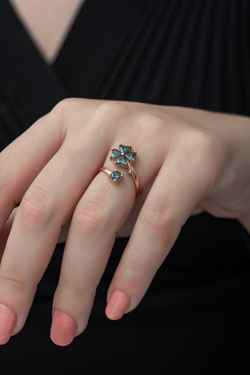 Adjustable Clover Ring | Rose Gold Plated Mystic Topaz Design (TRDYL948)
