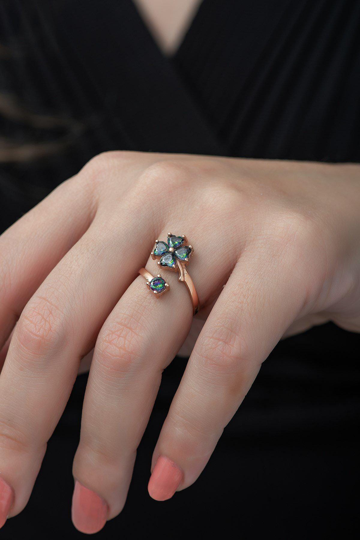 Adjustable Clover Ring | Rose Gold Plated Mystic Topaz Design (TRDYL948)