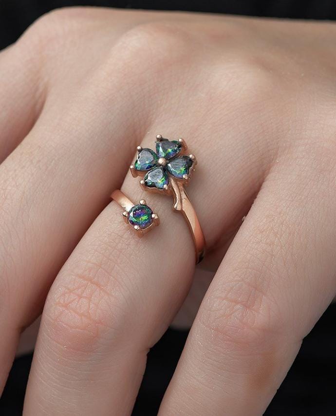 Adjustable Clover Ring | Rose Gold Plated Mystic Topaz Design (TRDYL948)