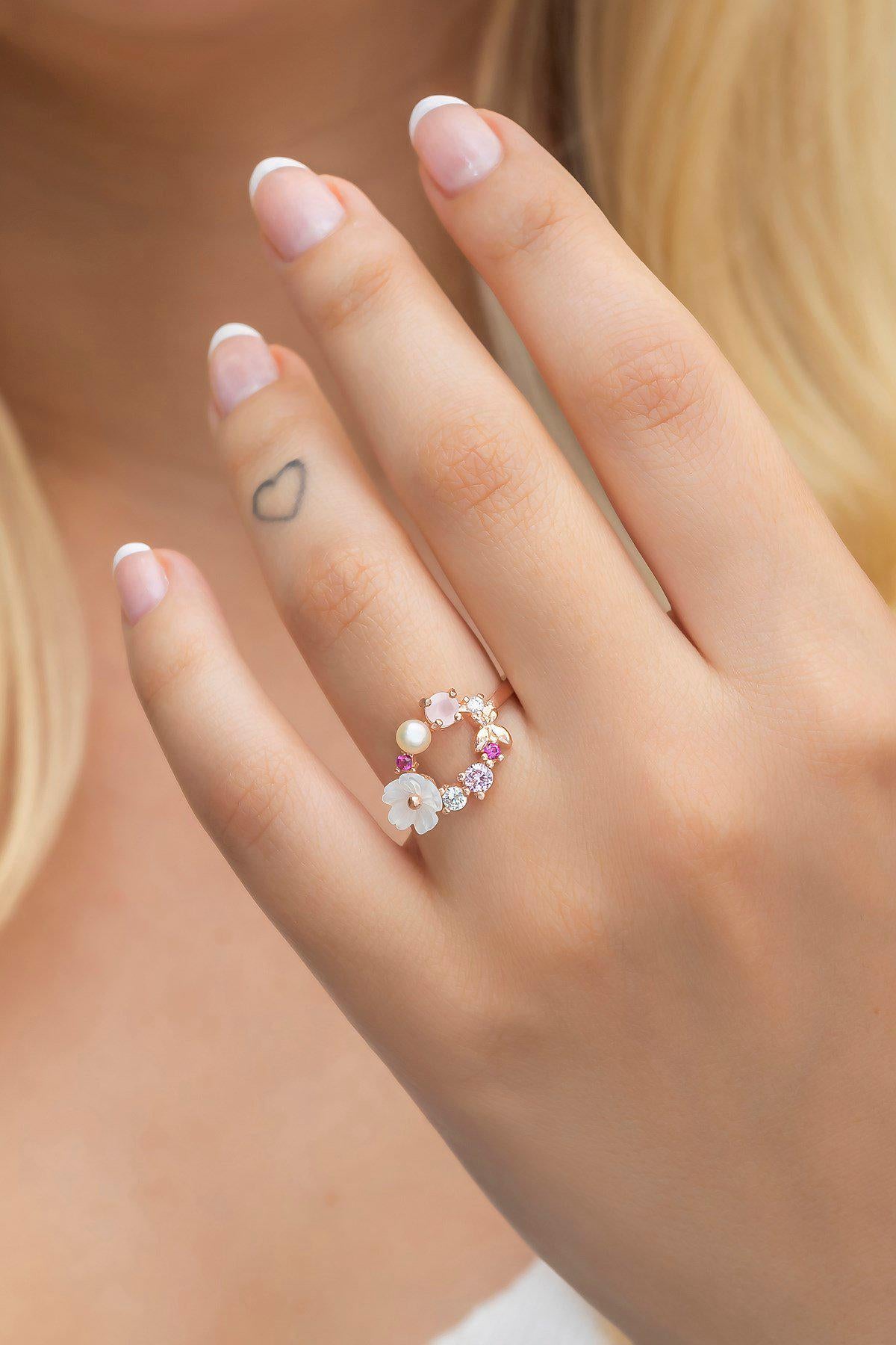 Adjustable Magnolia Flower Ring | Rose Gold Plated Zircon Spring Floral Design (NRZ998510)