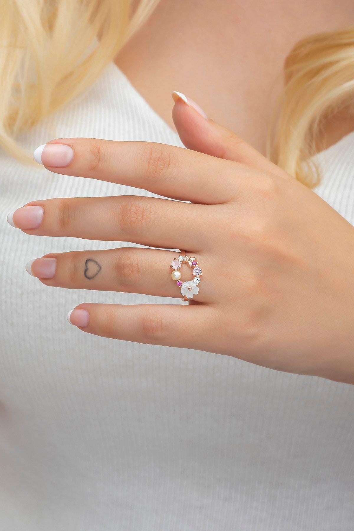 Adjustable Magnolia Flower Ring | Rose Gold Plated Zircon Spring Floral Design (NRZ998510)