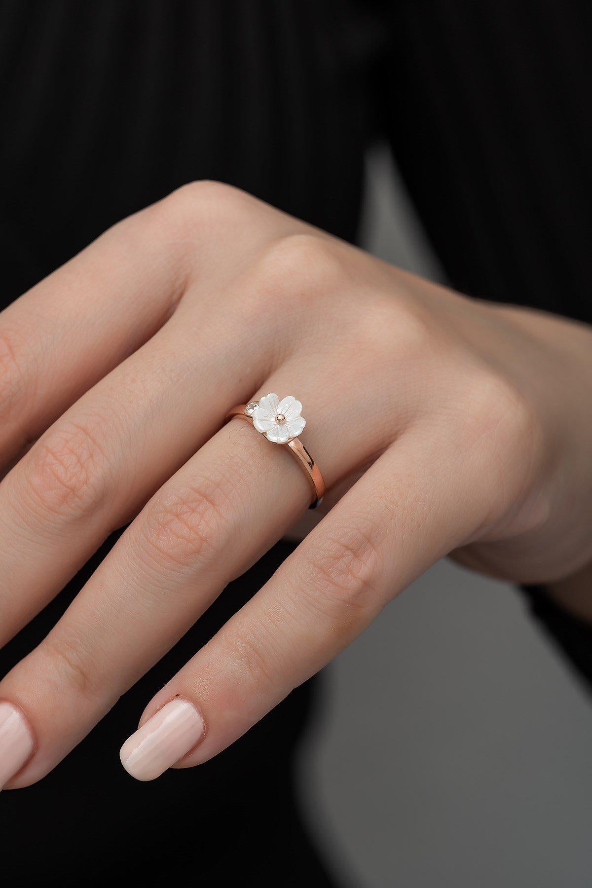 Adjustable Solitaire Magnolia Flower Ring | Rose Gold Plated Zircon Floral Design (TRDYL1009)