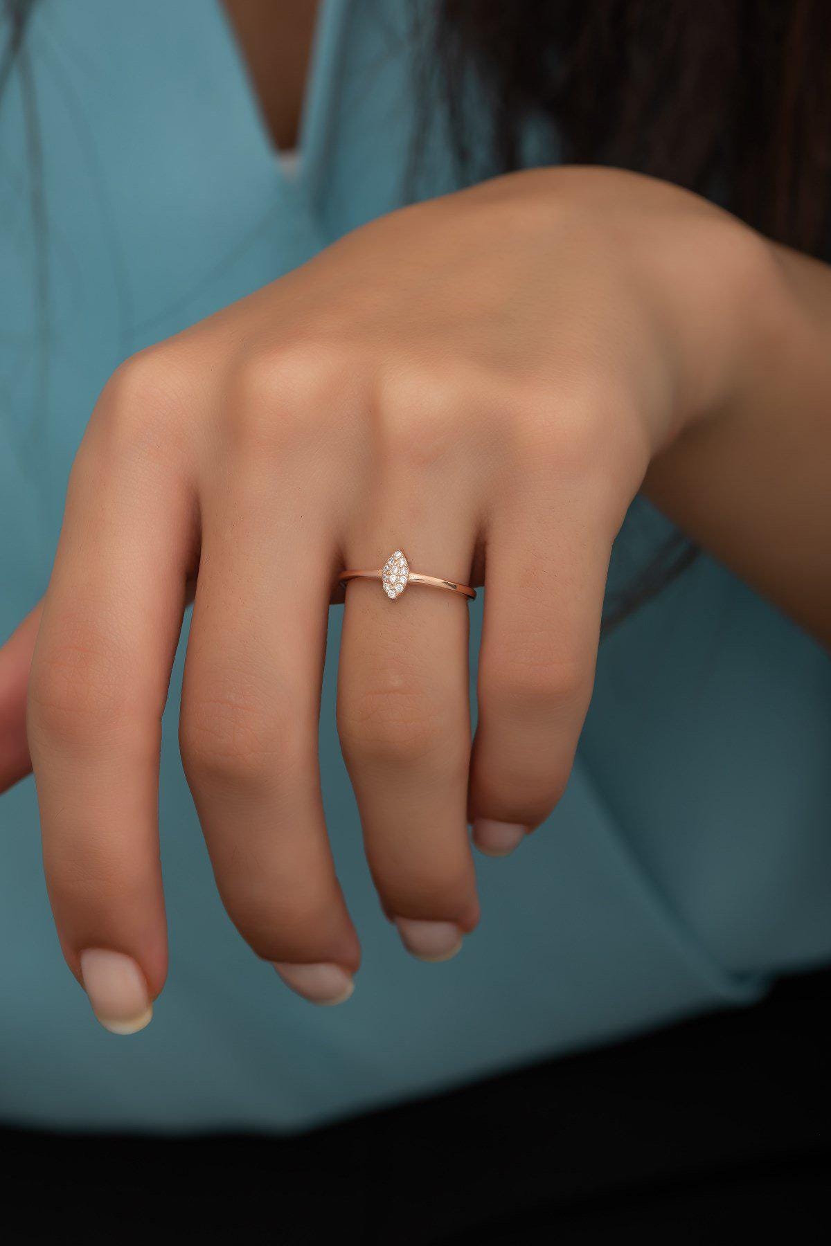 Rose Gold Marquise Zircon Ring | 925 Sterling Silver Adjustable Leaf Band (NRZ99709)