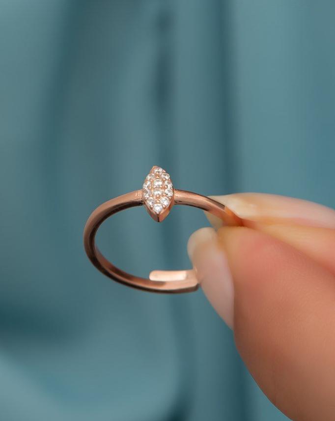 Rose Gold Marquise Zircon Ring | 925 Sterling Silver Adjustable Leaf Band (NRZ99709)