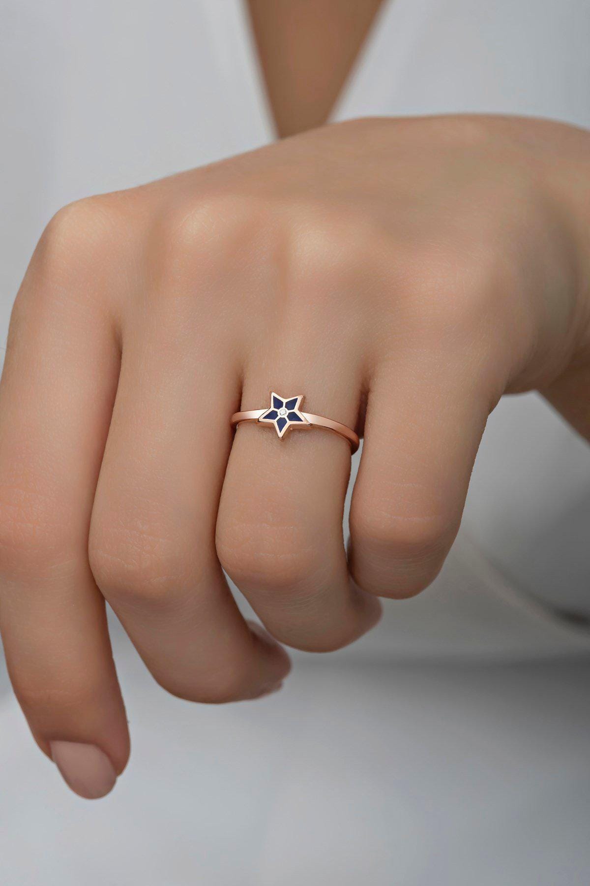 Rose Gold Sterling Silver Star Ring | Blue Enamel Celestial Jewelry (NRZ998393)