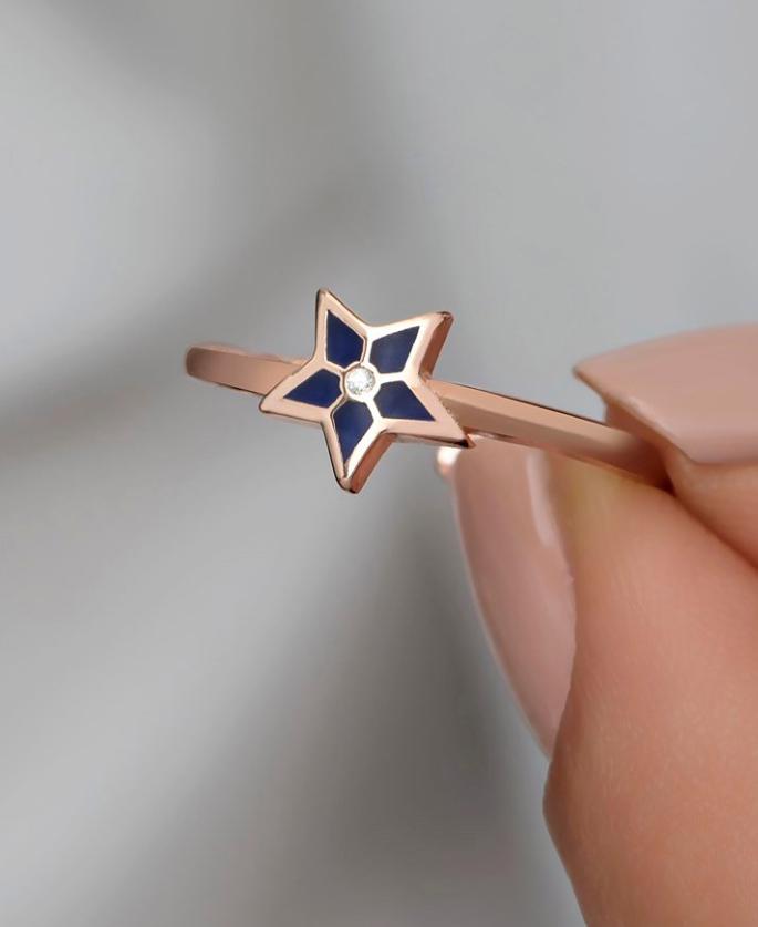 Rose Gold Sterling Silver Star Ring | Blue Enamel Celestial Jewelry (NRZ998393)