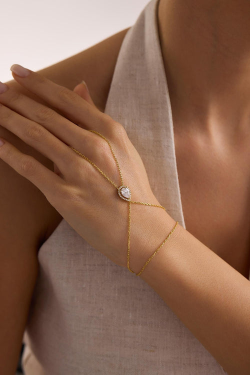 925 Sterling Silver Gold Plated White Teardrop Zircon Hand Chain Bracelet (NRZ1000822)