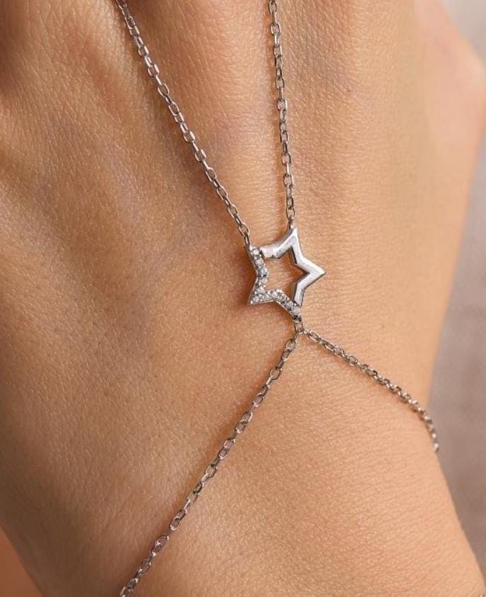 Sterling Silver Star Hand Chain Bracelet – Minimalist Zircon Celestial Jewelry