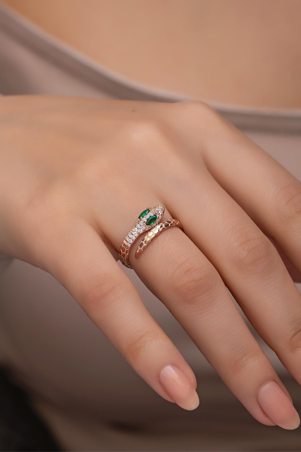 Rose Gold Sterling Silver Snake Ring, Zircon Serpent, Adjustable Jewelry (NRZ999024)