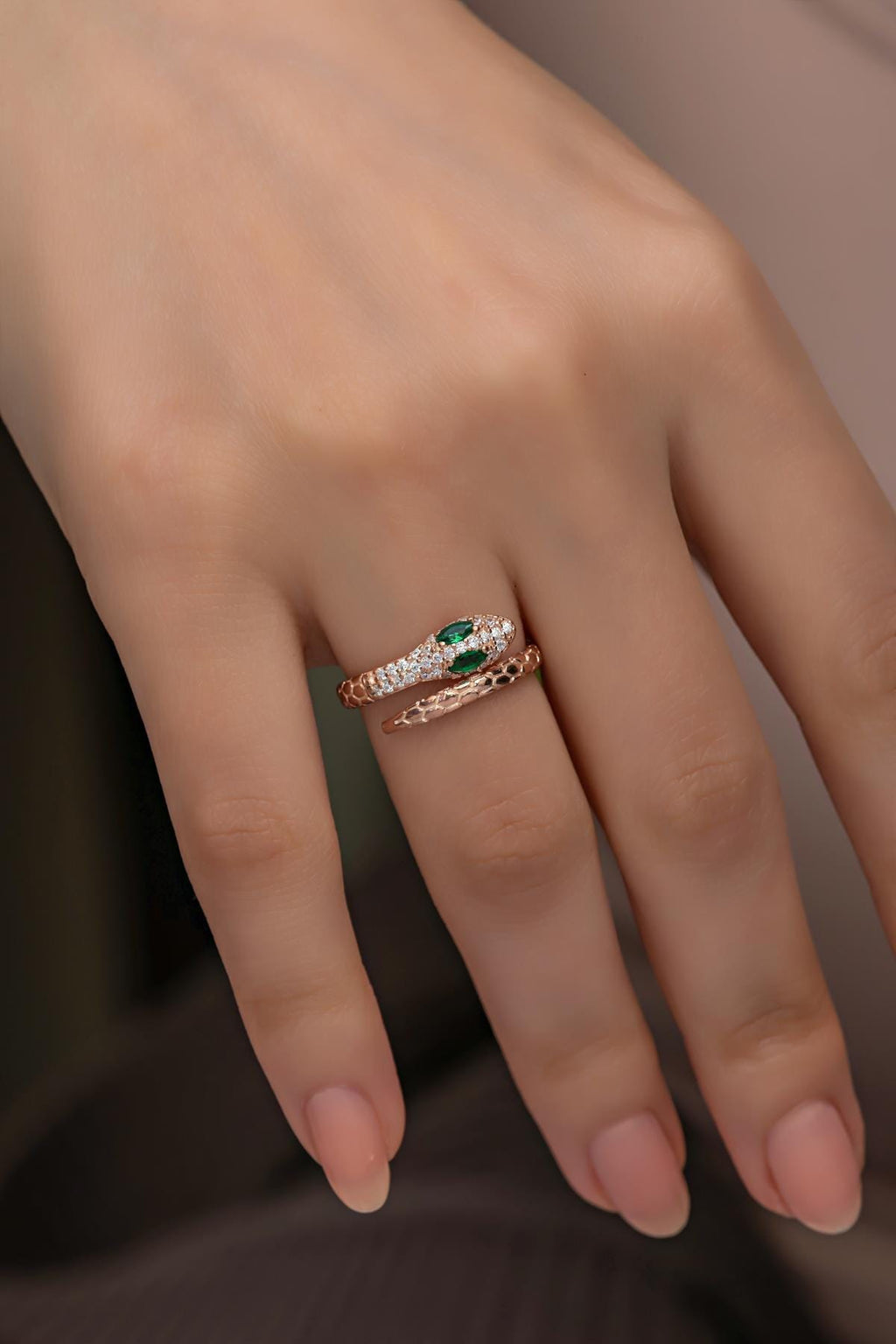 Rose Gold Sterling Silver Snake Ring, Zircon Serpent, Adjustable Jewelry (NRZ999024)
