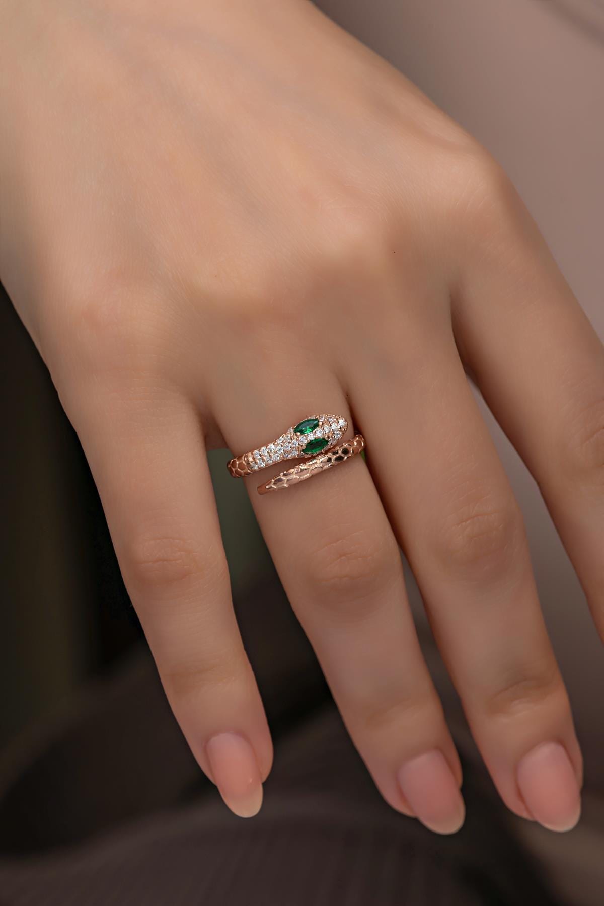 Rose Gold Sterling Silver Snake Ring, Zircon Serpent, Adjustable Jewelry (NRZ999024)