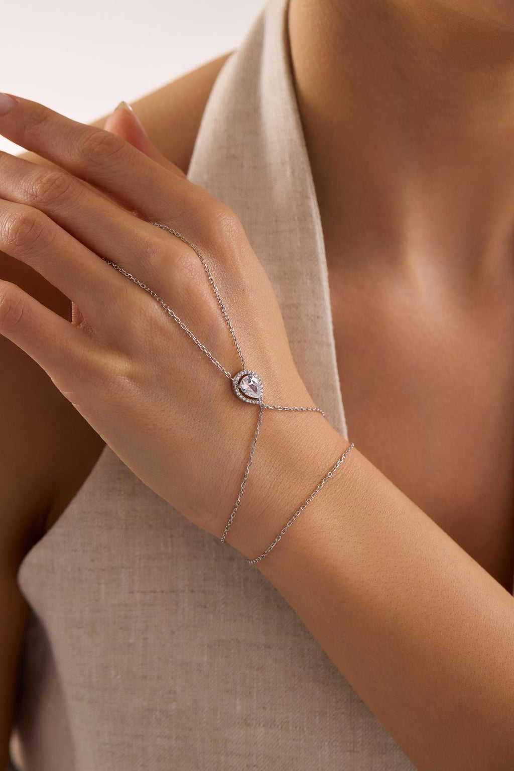 925 Sterling Silver Rhodium Plated White Drop Zircon Hand Chain Bracelet, Minimal Slave Bracelet, Elegant Gift for Her