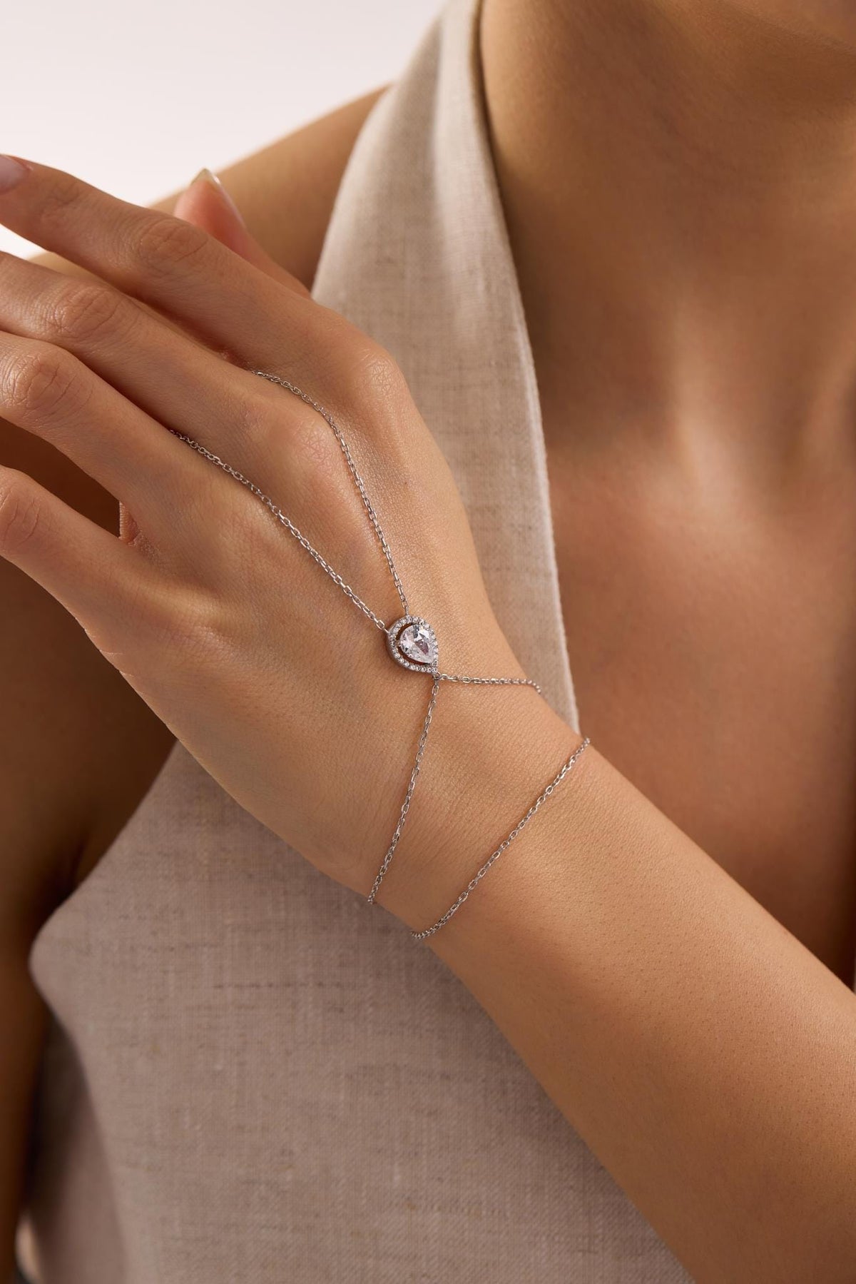 925 Sterling Silver Rhodium Plated White Drop Zircon Hand Chain Bracelet, Minimal Slave Bracelet, Elegant Gift for Her