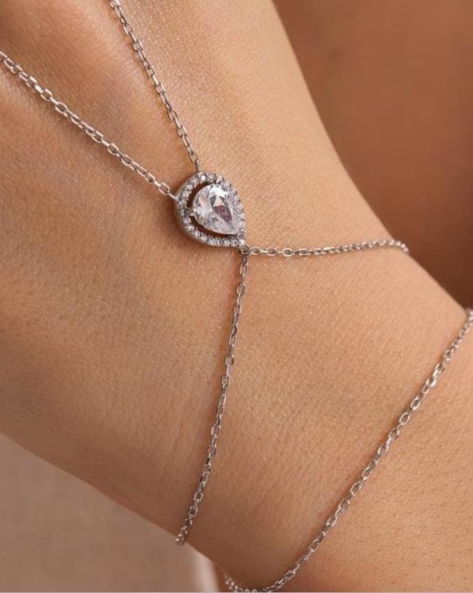 925 Sterling Silver Rhodium Plated White Drop Zircon Hand Chain Bracelet, Minimal Slave Bracelet, Elegant Gift for Her
