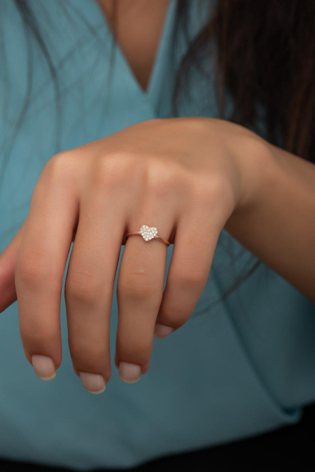 Rose Gold Sterling Silver Heart Ring, Zircon Stone, Adjustable (NRZ99710)