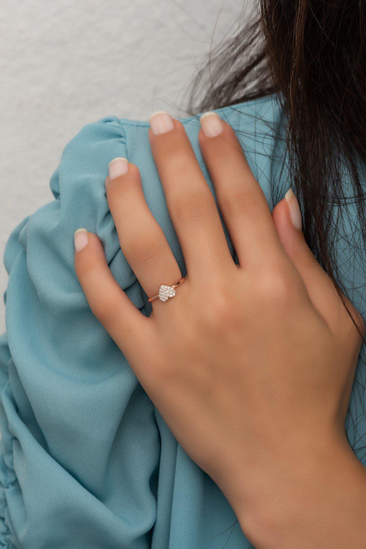 Rose Gold Sterling Silver Heart Ring, Zircon Stone, Adjustable (NRZ99710)