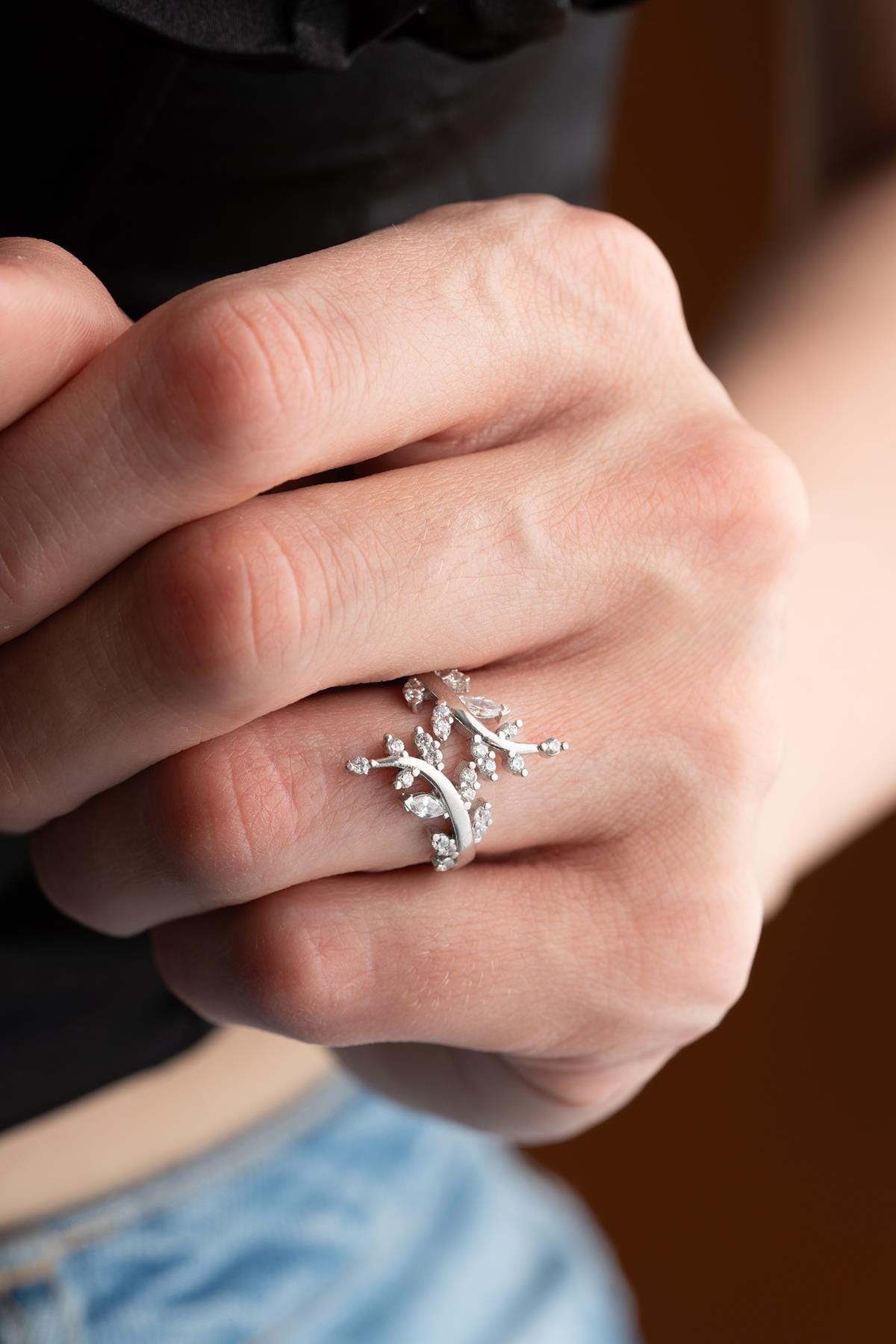 Sterling Silver Olive Branch Ring, Zircon Leaf, Adjustable Nature Jewelry (NRZ999204)