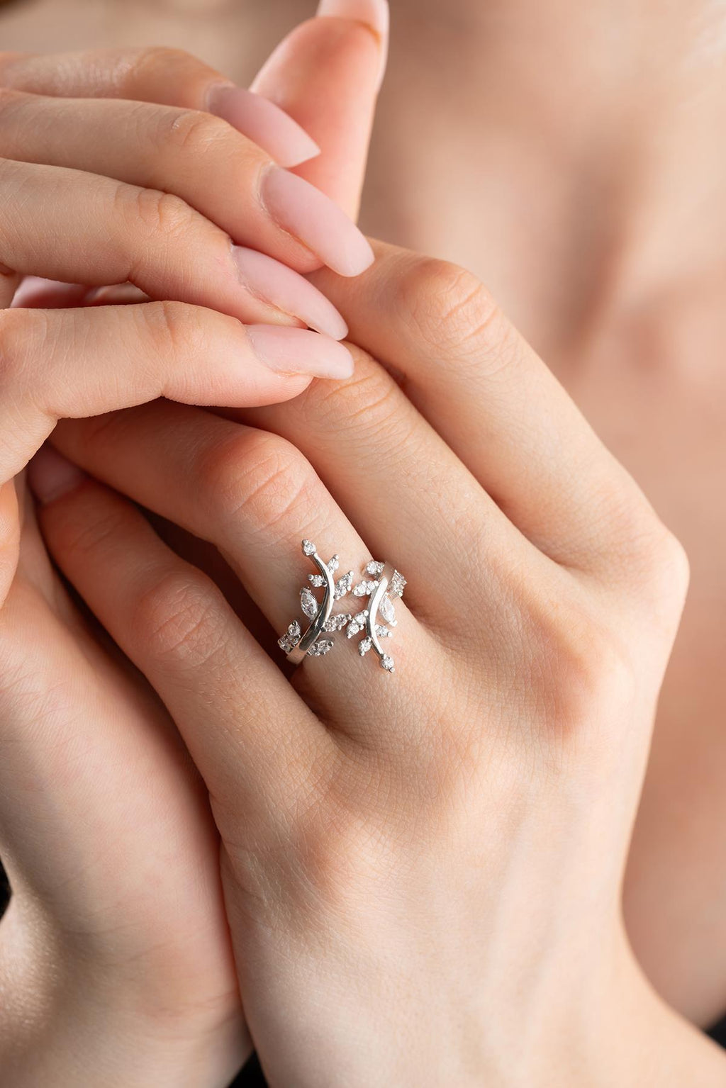 Sterling Silver Olive Branch Ring, Zircon Leaf, Adjustable Nature Jewelry (NRZ999204)