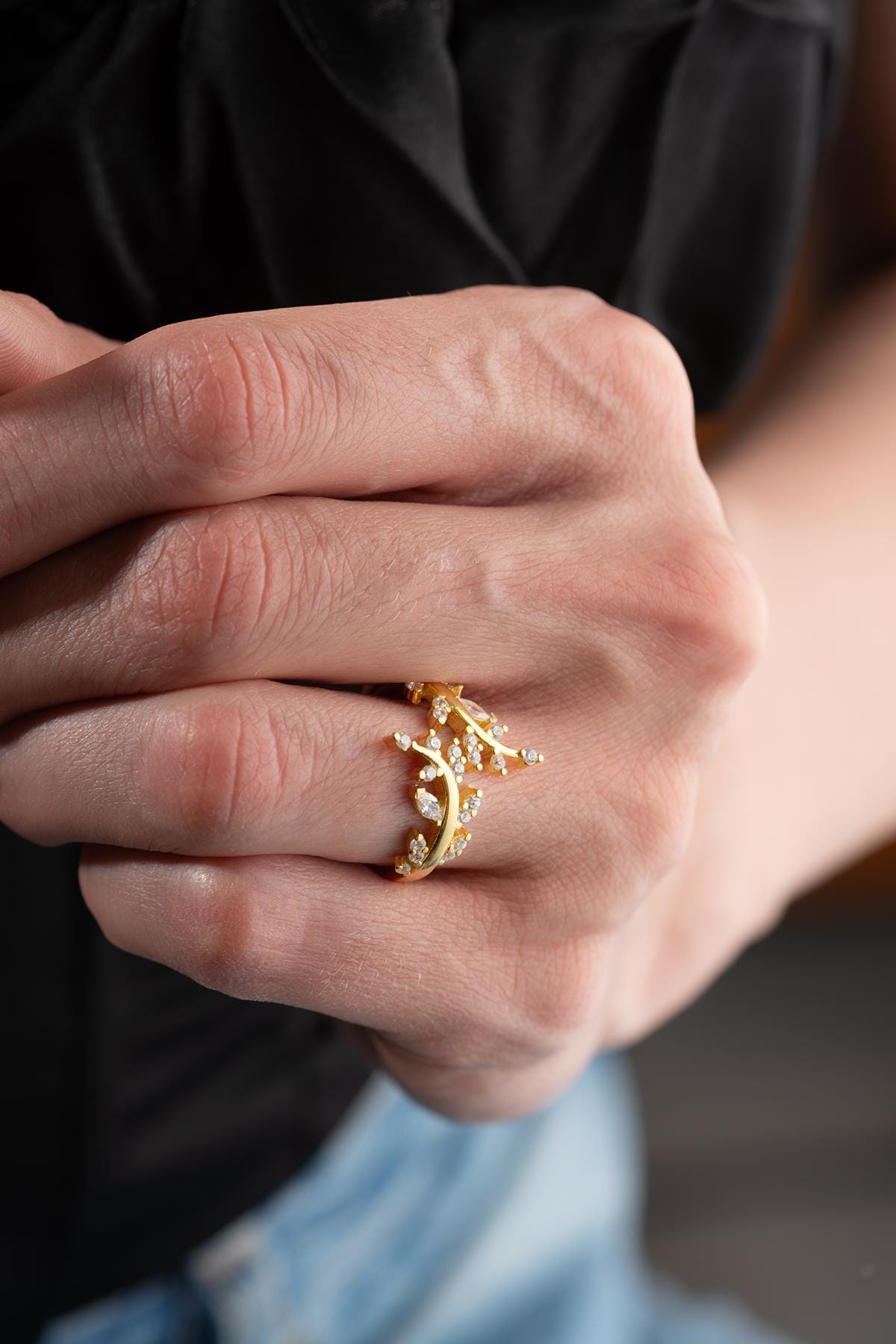 Gold Plated Olive Branch Ring, Zircon Leaf, Adjustable Sterling Silver (NRZ999202)