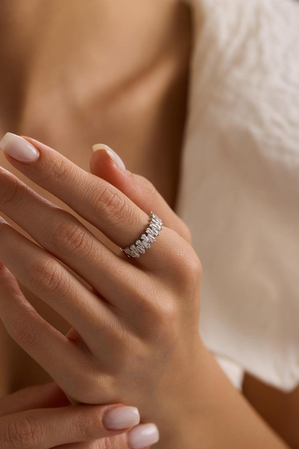 925 Sterling Silver Baguette Zircon Ring, Rhodium Plated Adjustable Band Ring for Women (NRZ1000596)