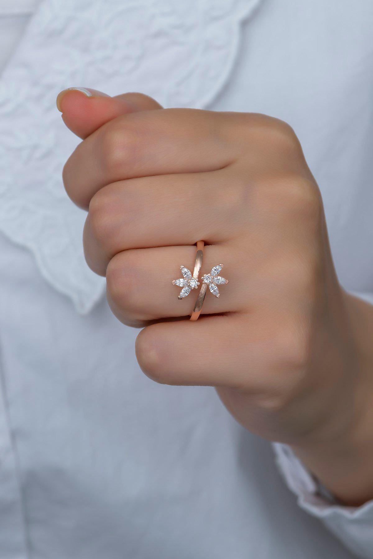 Flower Ring, Adjustable 925 Sterling Silver Zircon Stone Ring for Women (NRZ99377)