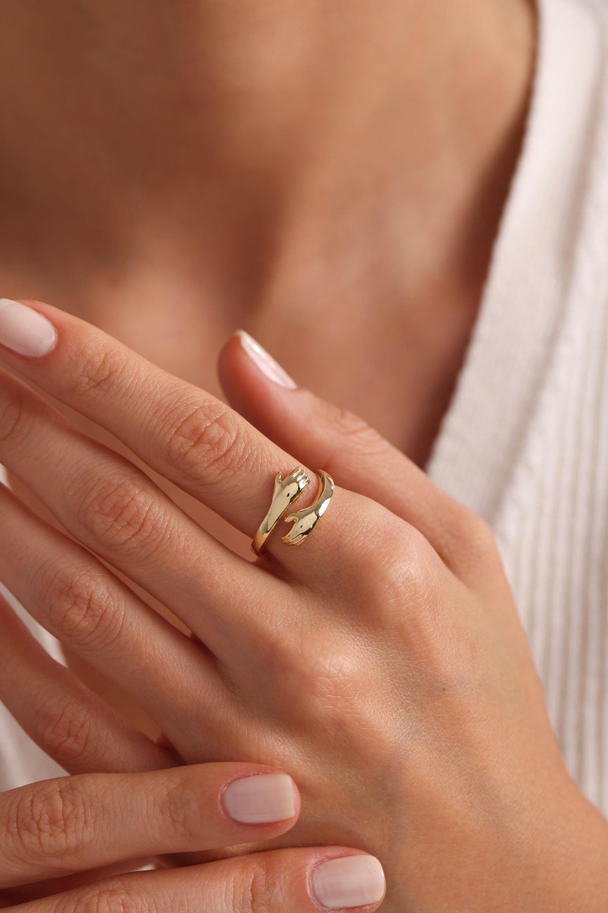 Holding Hands Ring, Adjustable 925 Sterling Silver Gold Plated Ring for Women (NRZ999851)