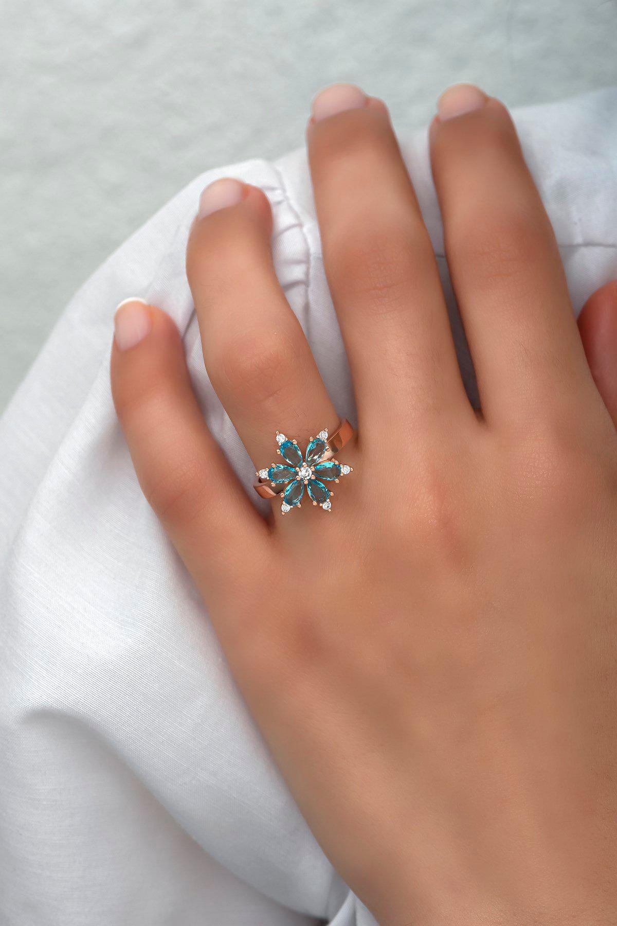 Flower Ring | Adjustable 925 Sterling Silver Aquamarine Stone Ring for Women (NRZ99809)
