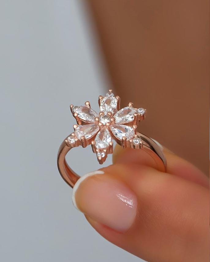 Rose Gold Plated Sterling Silver Flower Ring | Adjustable Zircon Floral Band (NRZ99810)