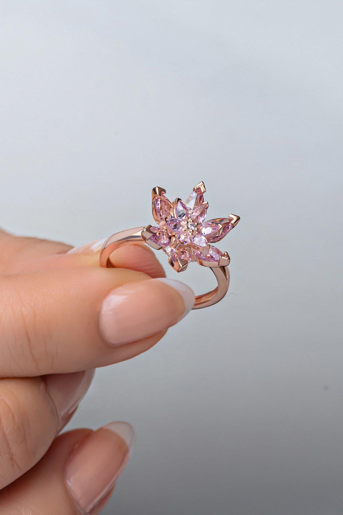 Lotus Flower Ring, Adjustable 925 Sterling Silver Pink Stone Ring for Women (NRZ998884)
