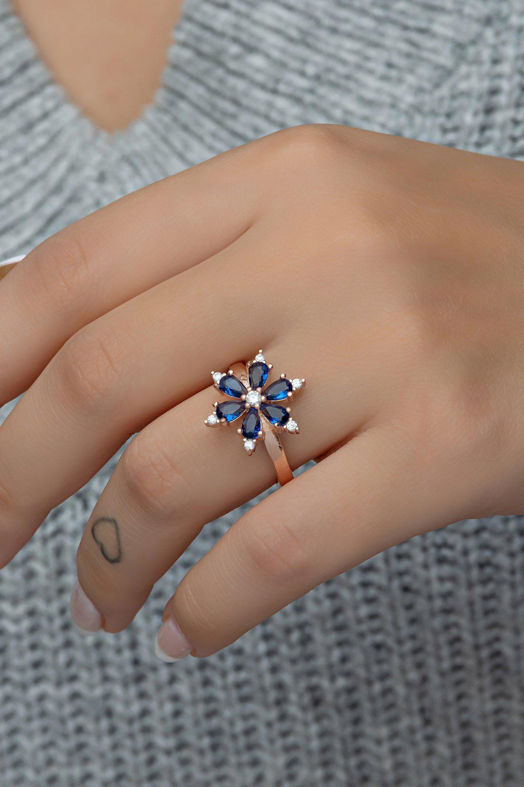 Camellia Flower Ring, Adjustable 925 Sterling Silver Blue Stone Ring for Women (NRZ998749)