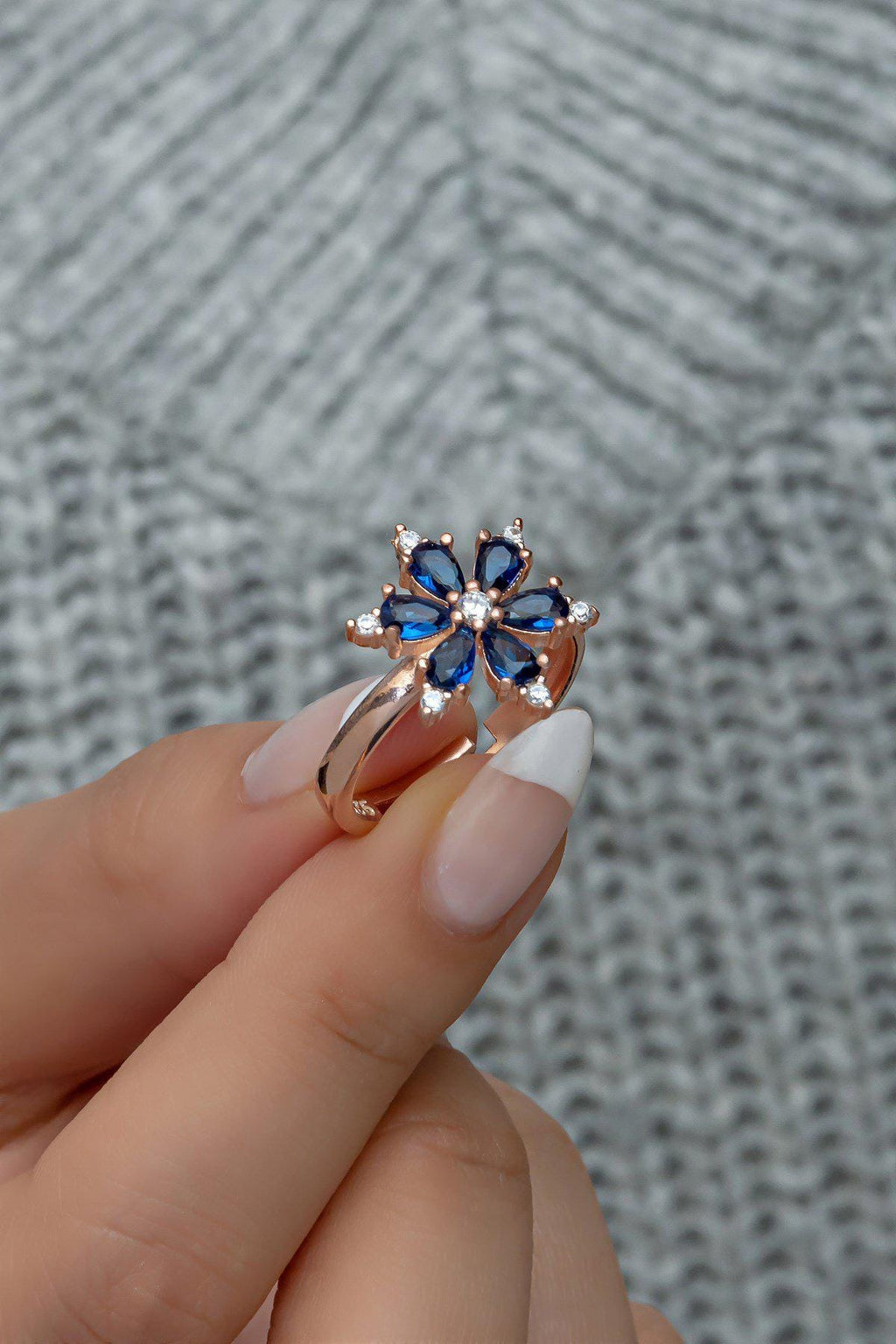 Camellia Flower Ring, Adjustable 925 Sterling Silver Blue Stone Ring for Women (NRZ998749)