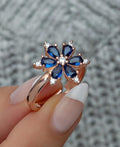 Camellia Flower Ring, Adjustable 925 Sterling Silver Blue Stone Ring for Women (NRZ998749)