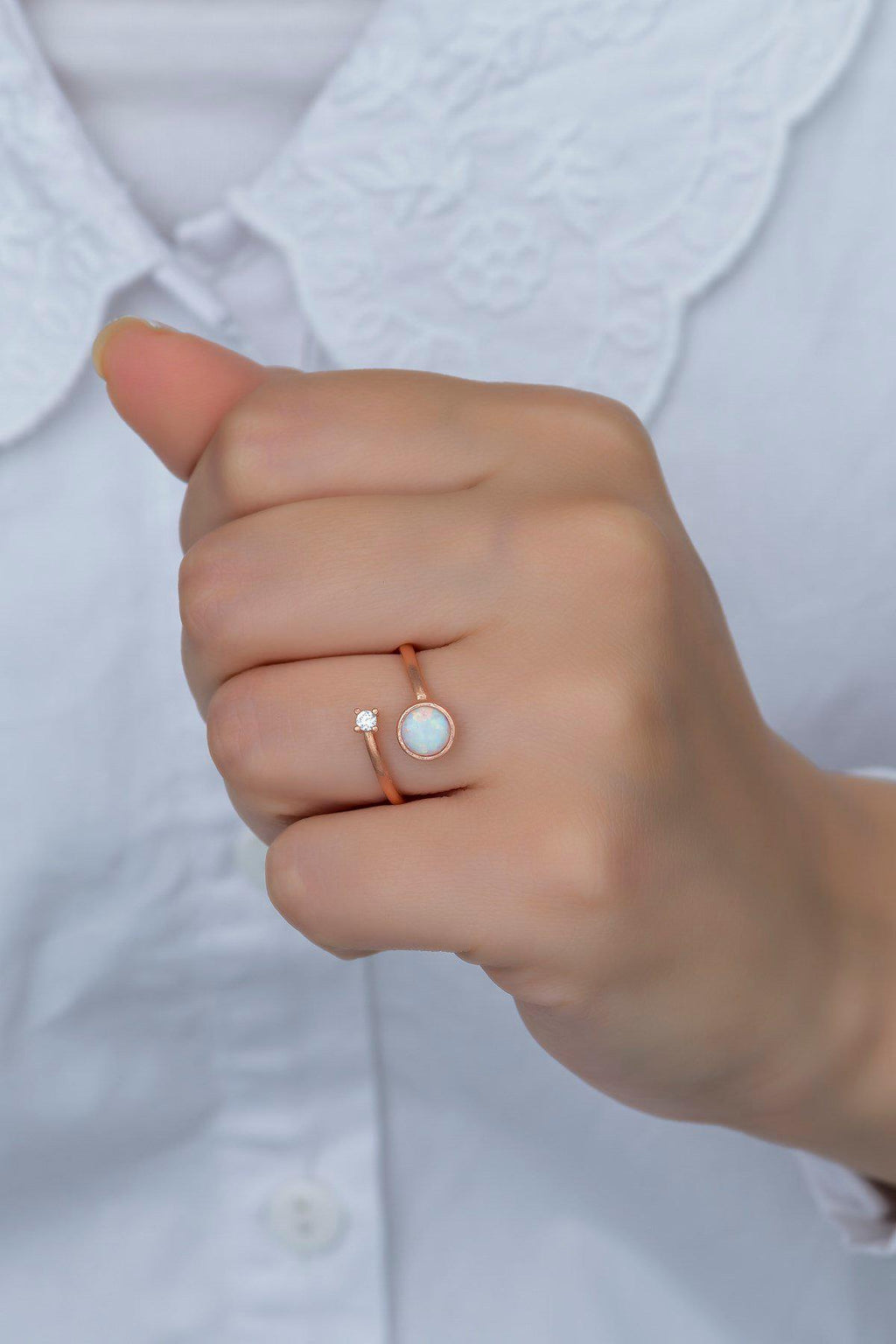 Solitaire Ring, Adjustable 925 Sterling Silver White Opal Ring for Women (NRZ99382)
