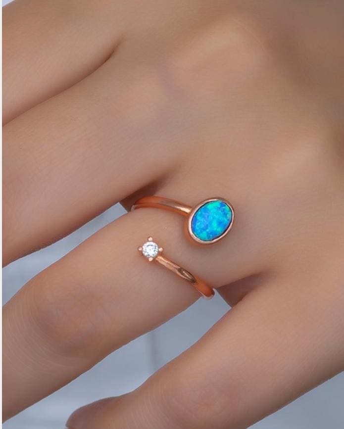 Solitaire Ring, Adjustable 925 Sterling Silver Blue Opal Ring for Women (NRZ99381)