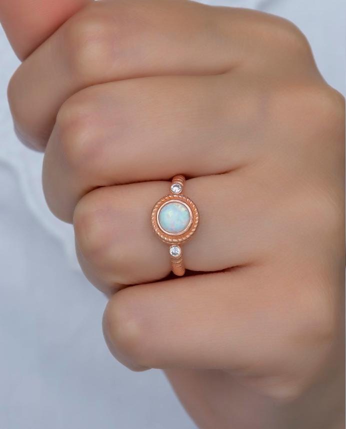 Solitaire Ring, Adjustable 925 Sterling Silver White Opal Ring for Women (NRZ99378)