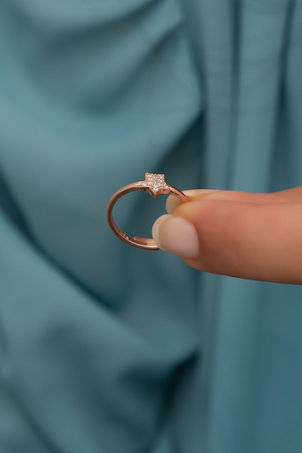 Star Ring, Adjustable 925 Sterling Silver Minimal Zircon Ring for Women