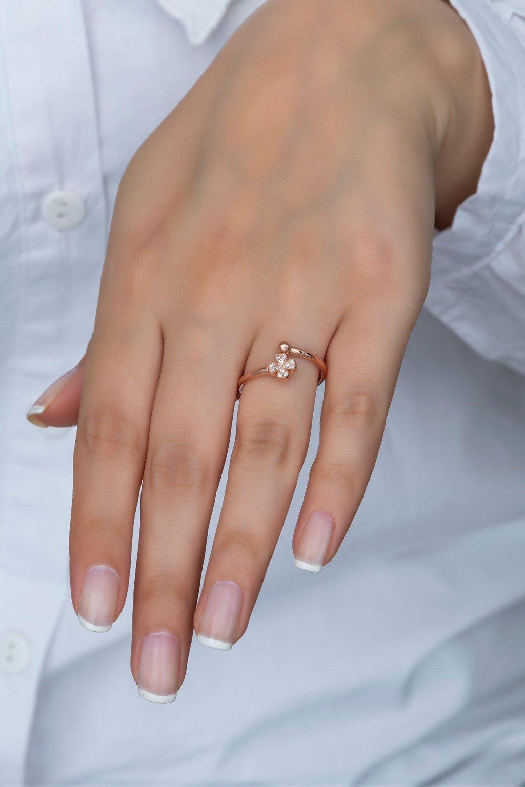 Rose Gold Clover Ring, Adjustable 925 Sterling Silver Zircon Ring for Women