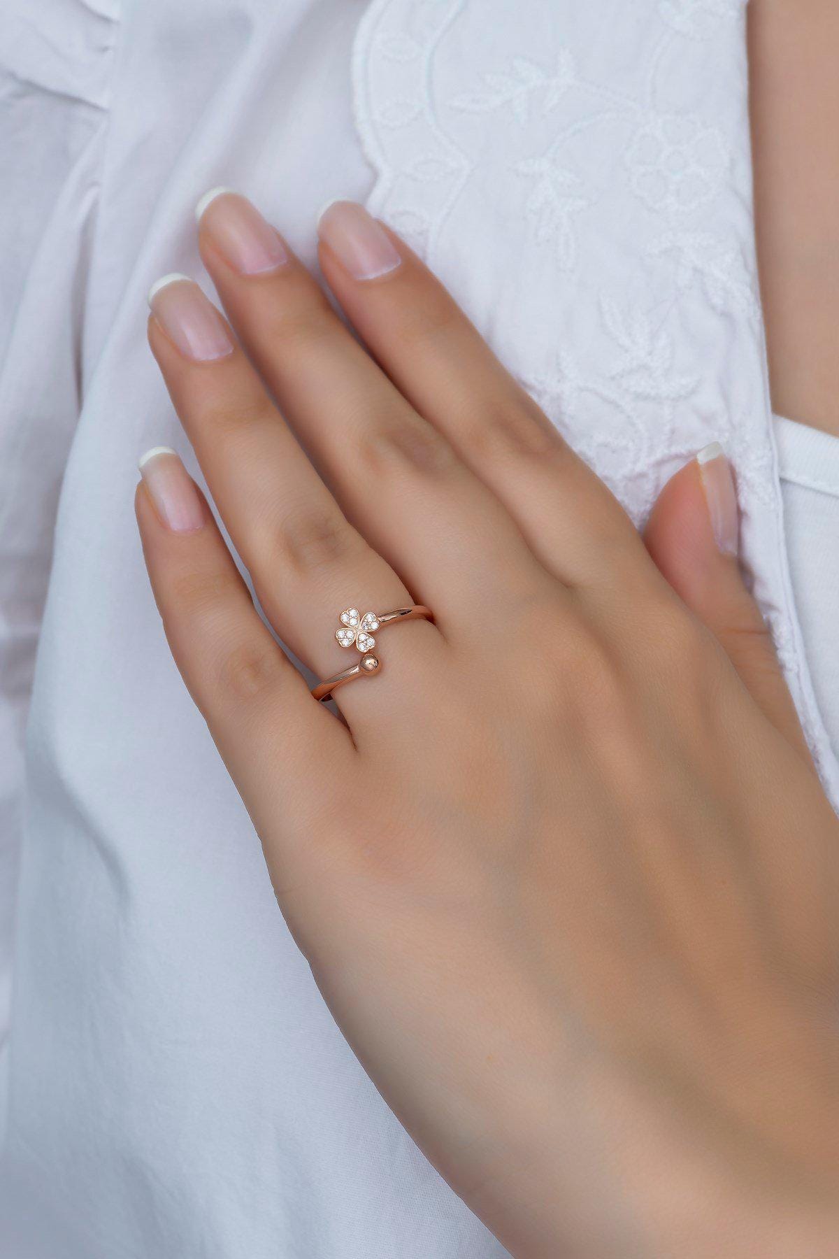Rose Gold Clover Ring, Adjustable 925 Sterling Silver Zircon Ring for Women
