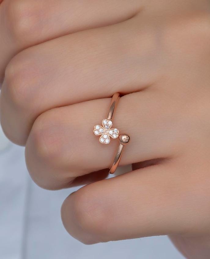 Rose Gold Clover Ring, Adjustable 925 Sterling Silver Zircon Ring for Women