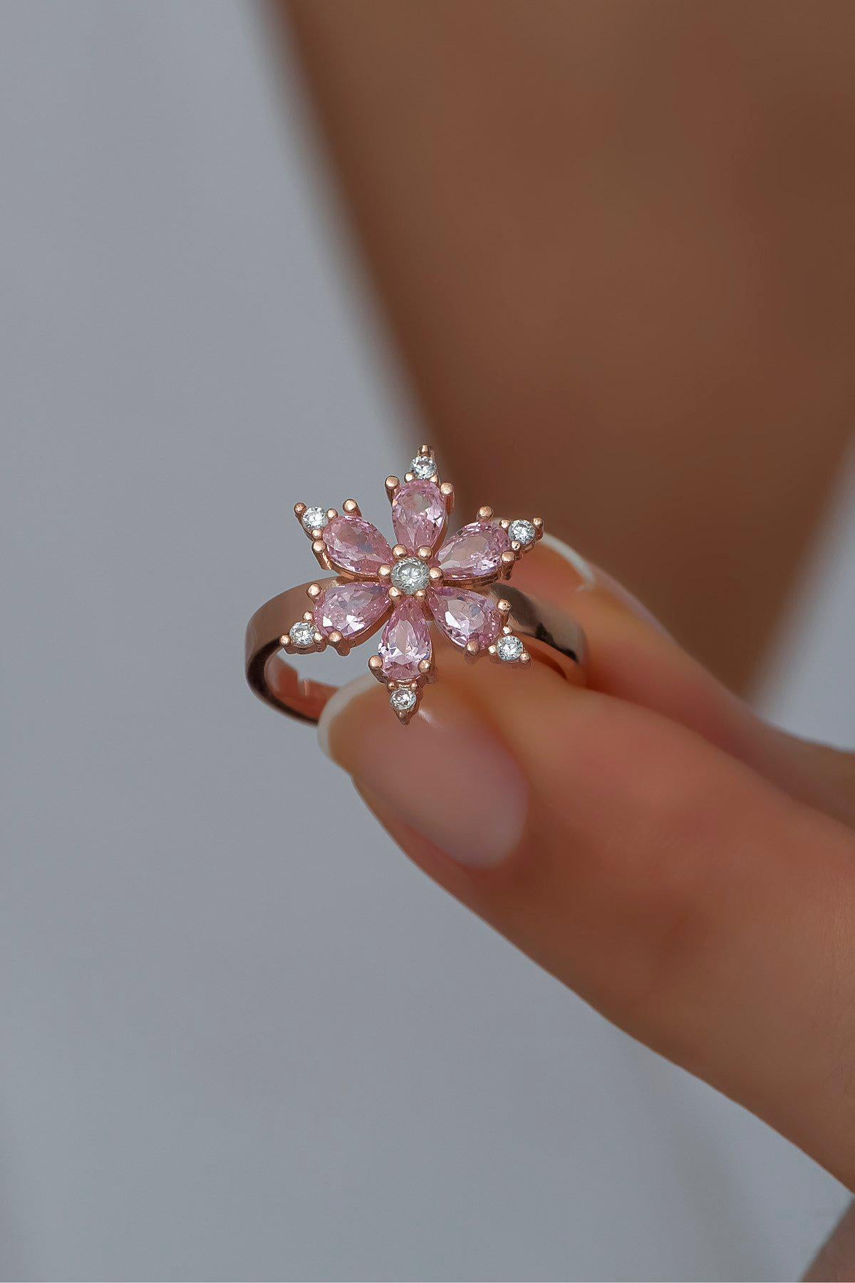 Pink Zircon Flower Ring | Rose Gold Plated Sterling Silver, Adjustable