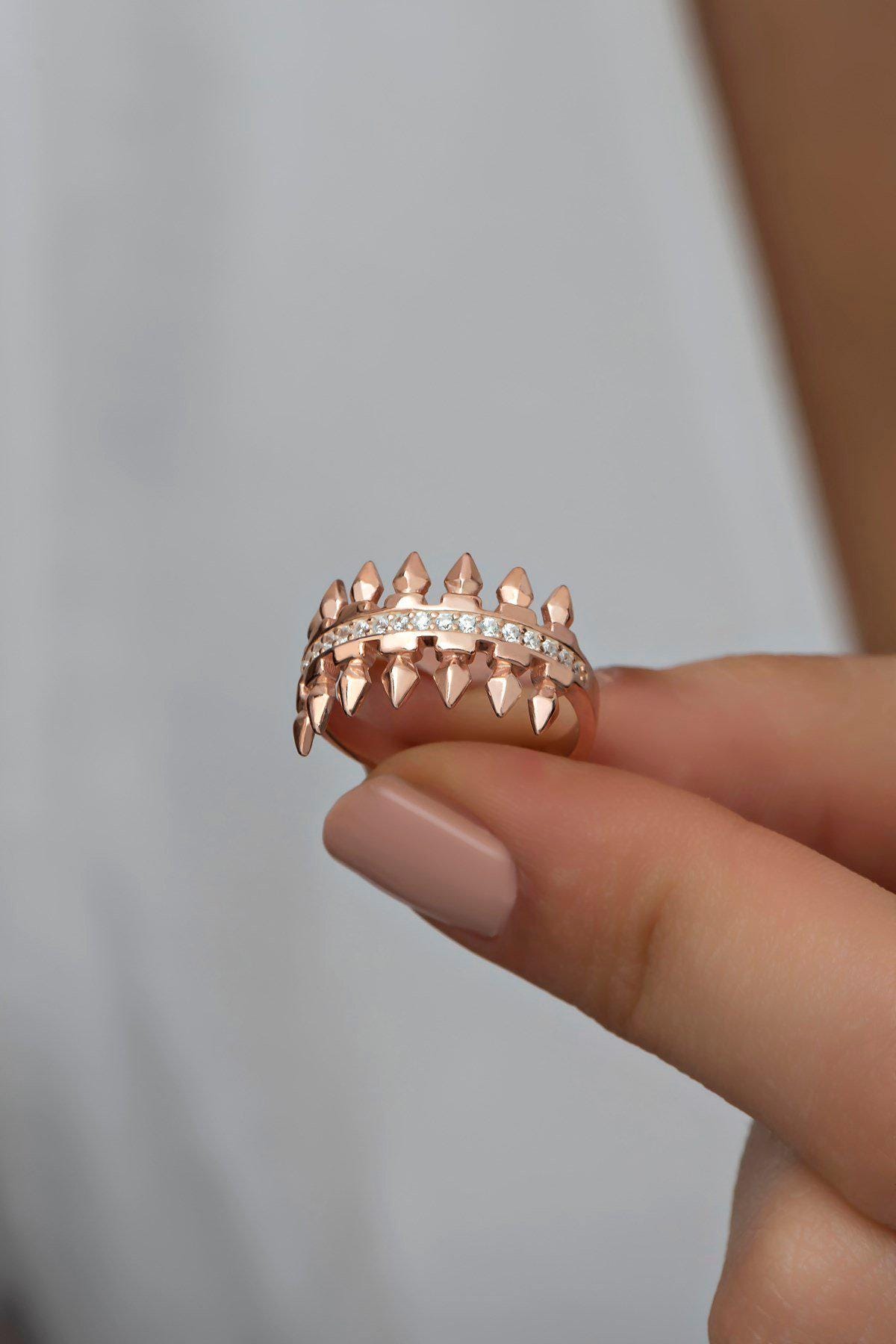 925 Sterling Silver Adjustable Zircon Nail Ring | Rose Gold Pavé Design