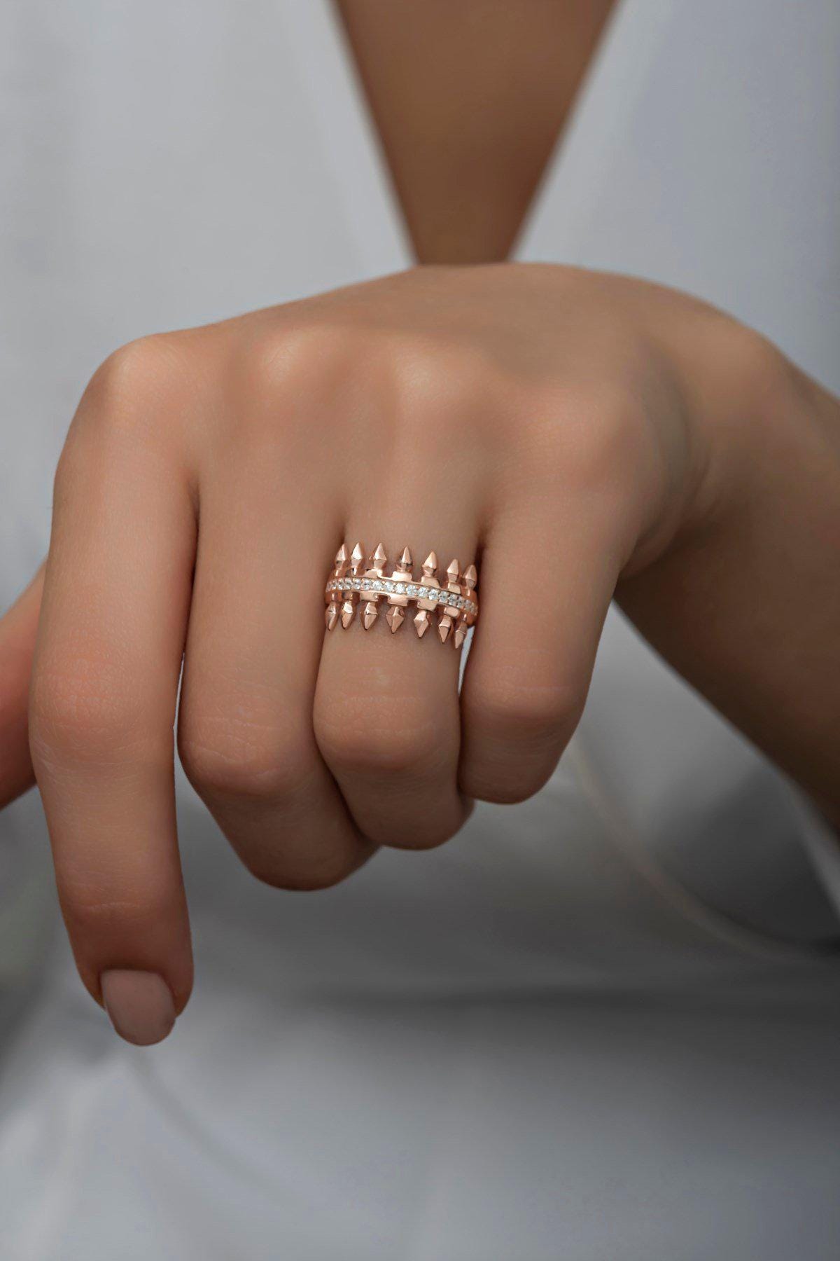 925 Sterling Silver Adjustable Zircon Nail Ring | Rose Gold Pavé Design