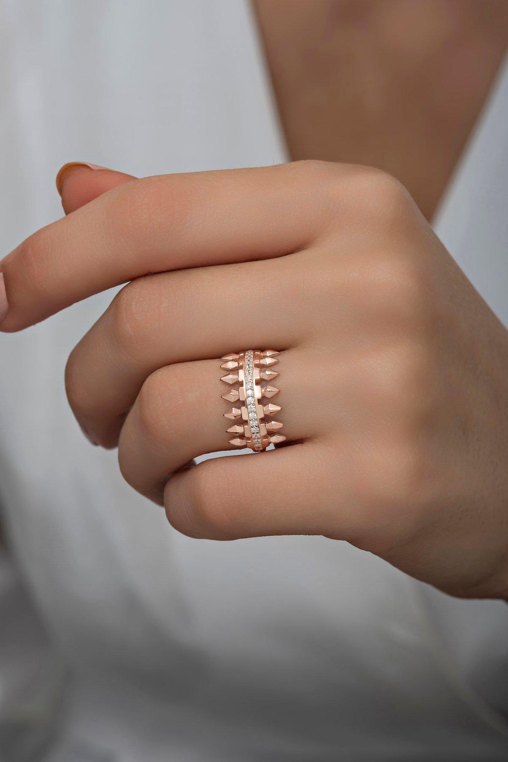 925 Sterling Silver Adjustable Zircon Nail Ring | Rose Gold Pavé Design