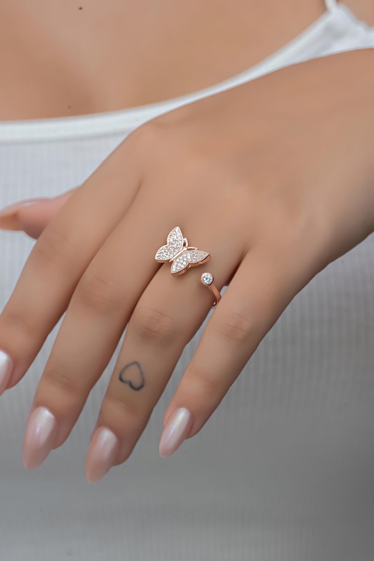 925 Sterling Silver Adjustable Butterfly Ring | Rose Gold Plated Zircon Floral Ring
