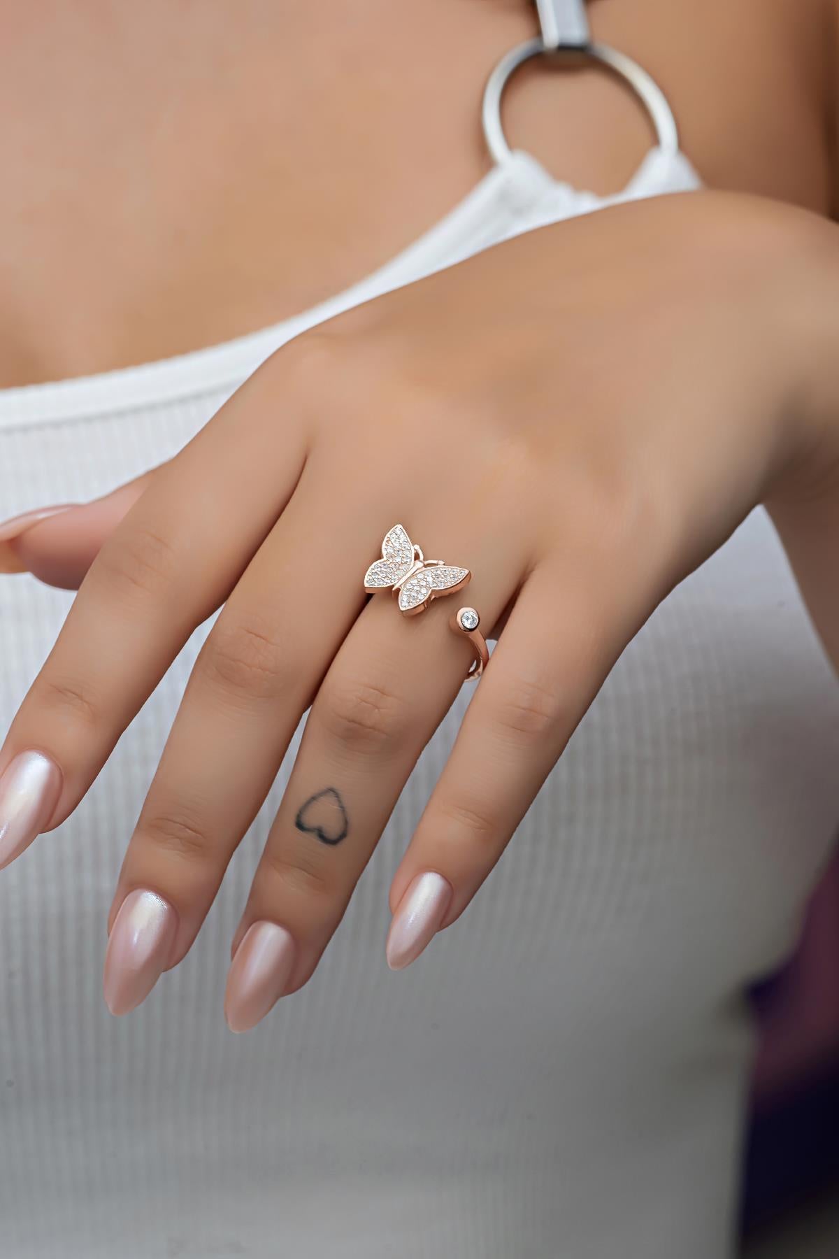 925 Sterling Silver Adjustable Butterfly Ring | Rose Gold Plated Zircon Floral Ring
